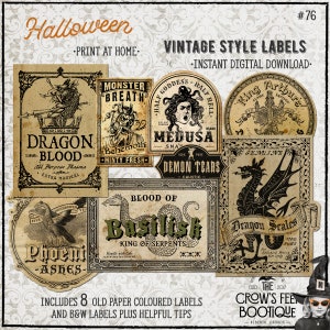 Könnte beinhalten: Acht Vintage-Halloween-Etiketten mit Illustrationen von Fabelwesen, darunter ein Drache, ein Basilisk, ein Phönix und Medusa. Die Etiketten sind auf altem Papier mit einem verwitterten Look gedruckt und tragen Texte wie "Drachenblut", "Monsteratem" und "Dämonentränen".