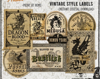 Vintage Look Potion Labels #76, Dragons & Friends, Printable Potion Jar Labels