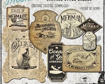 Vintage Look Mermaid Potion Labels #37, Halloween Apothecary Labels for Jars, Printable