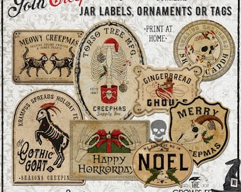 May include: A collection of vintage-style Halloween and Christmas themed labels. The labels feature illustrations of skeletons, cats, goats, and skulls, with text such as "Goth Creepmas 3", "Happy Horrorday", and "Noel".