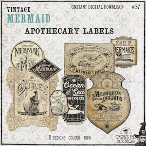 May include: A collection of eight vintage-style apothecary labels featuring mermaid-themed illustrations and text. The designs include titles like Genuine Merman Beard Balm, Song of the Siren, and Mermaid's Sweet Dreams, presented in black and beige.