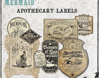 May include: A collection of eight vintage-style apothecary labels featuring mermaid-themed illustrations and text. The designs include titles like Genuine Merman Beard Balm, Song of the Siren, and Mermaid's Sweet Dreams, presented in black and beige.