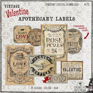 May include: A collection of eight vintage-style apothecary labels featuring decorative borders and typography. The labels include text such as VINTAGE VALENTINE APOTHECARY LABELS, ELIXIR OF LOVE, KEY TO MY HEART, ROSE PETALS, FAIRY HEARTS, LOVE POTION, LOVE LETTERS, VALENTINE, and KISSES.