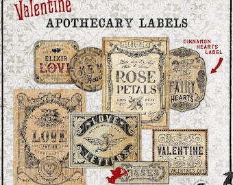 Puede incluir: Una colección de ocho etiquetas de boticario de estilo vintage con bordes decorativos y tipografía. Las etiquetas incluyen textos como VINTAGE VALENTINE APOTHECARY LABELS, ELIXIR OF LOVE, KEY TO MY HEART, ROSE PETALS, FAIRY HEARTS, LOVE POTION, LOVE LETTERS, VALENTINE y KISSES.