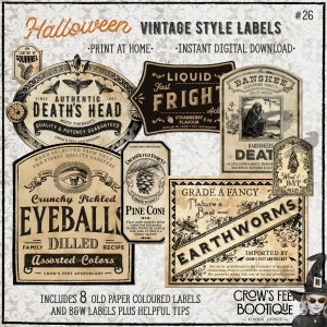 May include: A collection of vintage-style Halloween labels with various designs. The labels feature text like "Death's Head," "Crunchy Pickled Eyeball," and "Earthworms." The color palette is primarily beige, black, and brown, with decorative borders and illustrations.