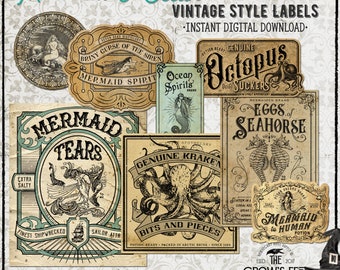 Vintage Look Mermaid & Ocean Potion Labels #75, Halloween Apothecary Labels for Jars, Printable
