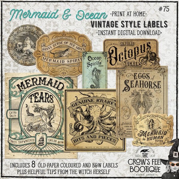 Vintage Look Mermaid & Ocean Potion Labels #75, Halloween Apothecary Labels for Jars, Printable