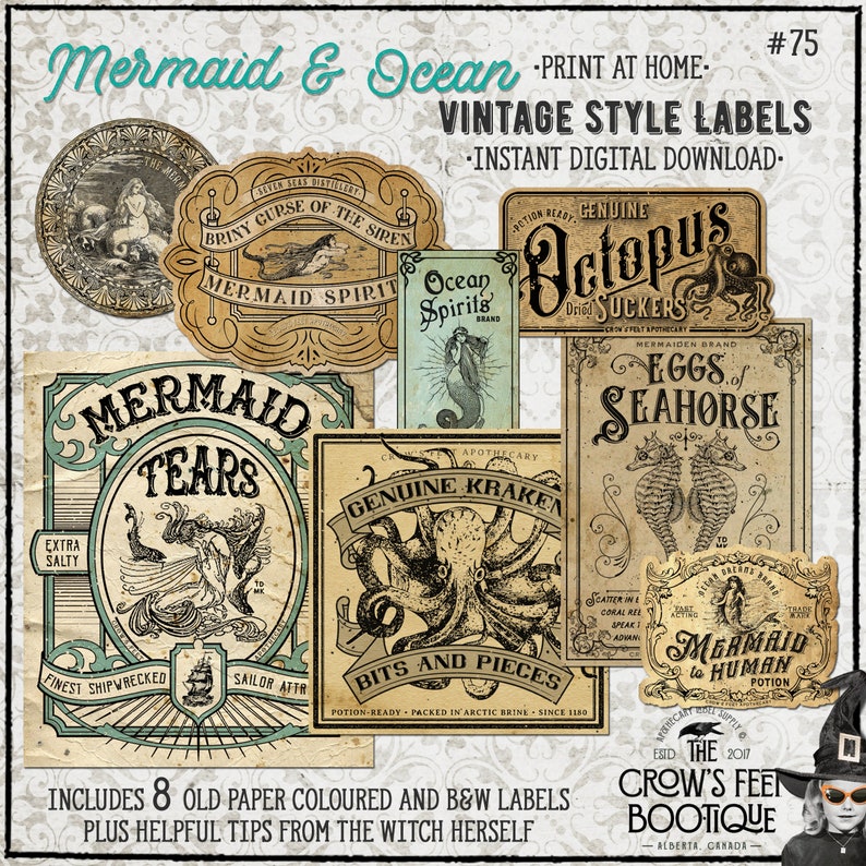 Vintage Look Mermaid & Ocean Potion Labels 75, Halloween Apothecary Labels for Jars, Printable image 1