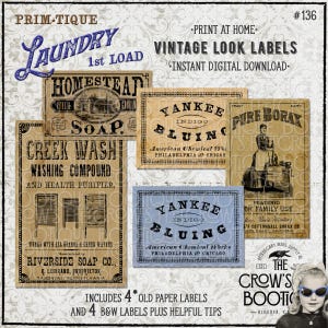Puede incluir: Una colección de etiquetas de lavandería de estilo vintage con textos como "Laundry 1st Load", "Homestead Soap", "Creek Wash" y "Yankee Indigo Bluing". Las etiquetas son de varios tamaños y colores, con una apariencia envejecida.