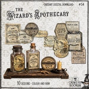 May include: A digital download set titled The Wizard's Apothecary #54 featuring ten vintage-style labels for potions like Wolfsbane, Skele-Gro, and Polyjuice. Includes two glass bottles, a round tin, a candle, and a key on a wooden shelf.