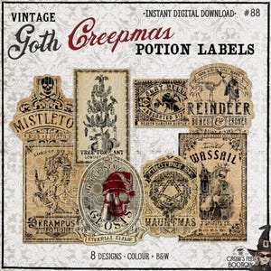 Pu&ograve; includere: Una collezione di otto etichette per pozioni in stile vintage con temi natalizi gotici. I disegni includono illustrazioni di teschi, Krampus, ossa di renna e alberi contorti con testi come Goth Creepmas e Tainted Wassail.