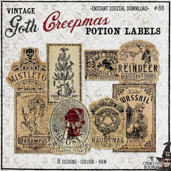 Gothic Christmas Potion Labels | Krampus Gift Tags & Creepmas Ornaments | Creepy Holiday Printable | #88