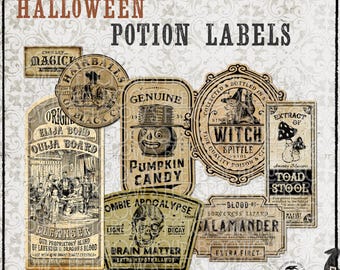 Könnte beinhalten: Eine Sammlung von acht Halloween-Tränke-Etiketten im Vintage-Stil in verschiedenen Formen und Größen. Die Designs enthalten Texte wie Ouija Board, Pumpkin Candy, Witch Spittle, Toad Stool und Brain Matter, gedruckt in schwarzer Tinte auf gealtertem Papier.
