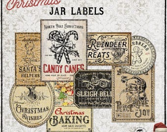 以下が含まれることがあります： North Pole Confections、Santa's Helpers、Reindeer Treats、Gingerbread、Christmas Wishes、Sleigh Bells、Christmas Bakingなどの文字と様々なホリデーグラフィックが描かれた、8種類のヴィンテージ風クリスマス瓶用ラベルのコレクション。
