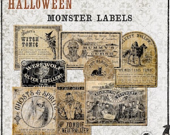 Può includere: Una collezione di otto etichette di mostri di Halloween in stile vintage con testo e illustrazioni, tra cui Witch Tonic, Mummy's Curse, Sleepy Hollow Hemostasis Tonic, Werewolf Silver Repellent, Ghosts & Spirits e Zombie Neutralizer.