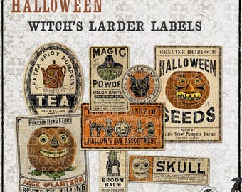 May include: A collection of eight vintage-style Halloween labels featuring illustrations of pumpkins, a black cat, a skull, and a witch. The text includes labels like Extra Spicy Pumpkin Tea, Magic Powder, Halloween Seeds, and Hallow's Eve Assortment.