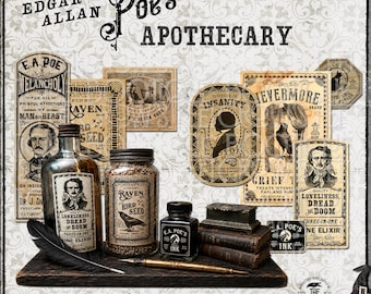 May include: A collection of digital apothecary labels featuring Edgar Allan Poe themes, including text like Nevermore, Raven Bird Seed, and Tincture of Insanity. The set includes glass bottles, a jar, an inkwell, and a quill on a wooden base.