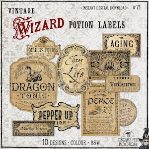 May include: A collection of ten vintage-style wizard potion labels featuring aged beige paper backgrounds with black text and illustrations. Labels include titles like Dragon Tonic, Elixir of Life, Aging Potion, Floo Powder, and Draught of Peace.