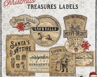 May include: A digital download sheet featuring eight vintage-style Christmas labels in beige and black. Text includes Jingle Bells, Snowballs, Merry and Bright, Santa's Attire, Ornaments, Stocking Stuffers, and Frosty Cozy with festive graphics.