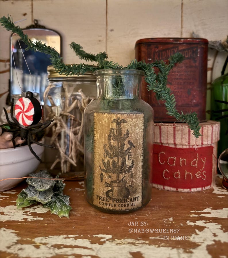 Pu&ograve; includere: Un barattolo da farmacia in vetro trasparente con un'etichetta rettangolare che presenta un'illustrazione nera di un albero in vaso e il testo TREE TOXICANT CONIFER CORDIAL. Il barattolo contiene rami di pino artificiali verdi.
