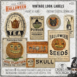 Puede incluir: Ocho etiquetas de Halloween de estilo vintage con un tema espeluznante. Las etiquetas presentan ilustraciones de calabazas, brujas, gatos negros y otras imágenes de Halloween. Las etiquetas están impresas en un fondo de papel desgastado y tienen un aspecto vintage.
