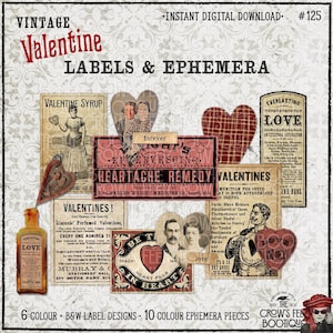 May include: A digital collage sheet titled VINTAGE Valentine LABELS & EPHEMERA #125 featuring various antique-style paper labels, heart shapes, and a small amber bottle. The designs include text, portraits, and illustrations on a patterned background.