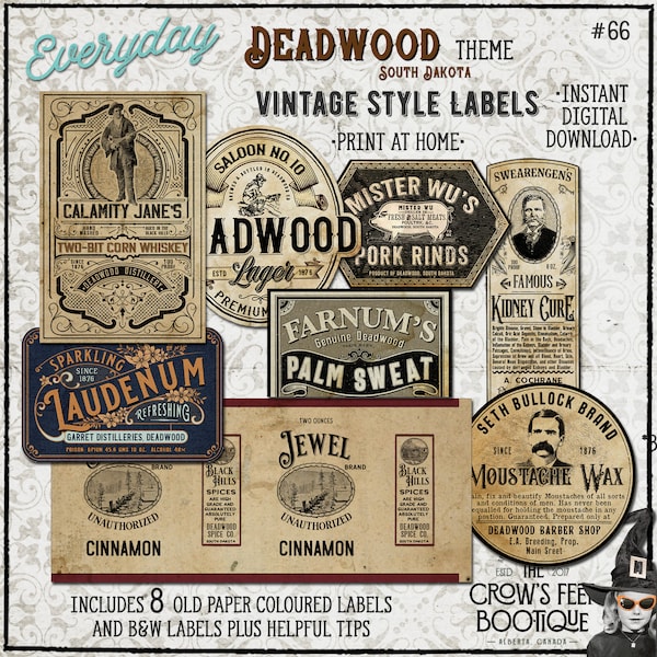 Deadwood, South Dakota Themed Vintage Look Potion Labels #66,  Labels for Jars, Printable