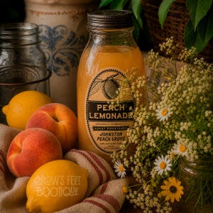 Op de afbeelding: Een glazen fles perziklimonade met een metalen dop en een etiket met de tekst Peach Lemonade, Johnston Peach Grove, South Carolina. De fles is omringd door twee verse perziken, twee gele citroenen en een boeket met kleine witte en gele bloemen.