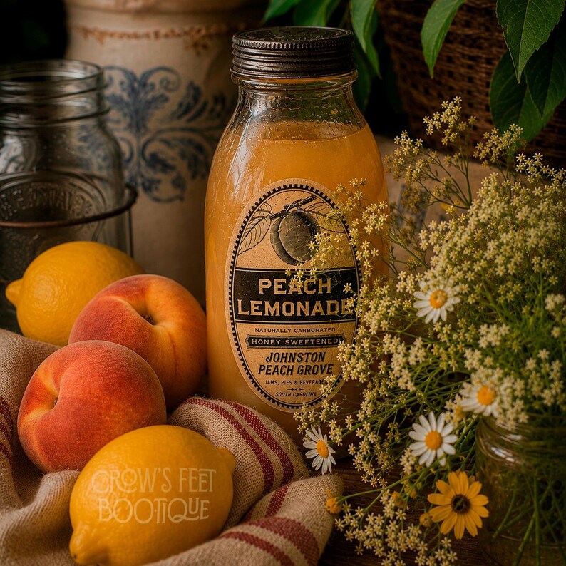 Op de afbeelding: Een glazen fles perziklimonade met een metalen dop en een etiket met de tekst Peach Lemonade, Johnston Peach Grove, South Carolina. De fles is omringd door twee verse perziken, twee gele citroenen en een boeket met kleine witte en gele bloemen.