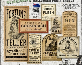 Nestihome's Vintage Look Halloween Party Labels & Sign #104, Printable