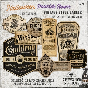 Vintage Look Witches Bathroom Decor Labels #74, Halloween Apothecary Labels for Jars, Printable