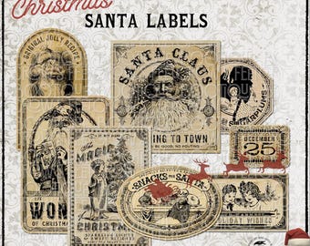 May include: A collection of eight vintage-style Christmas Santa labels featuring black and beige illustrations of Santa Claus, children, a Christmas tree, and holiday text. The digital download sheet includes various rectangular and oval designs.