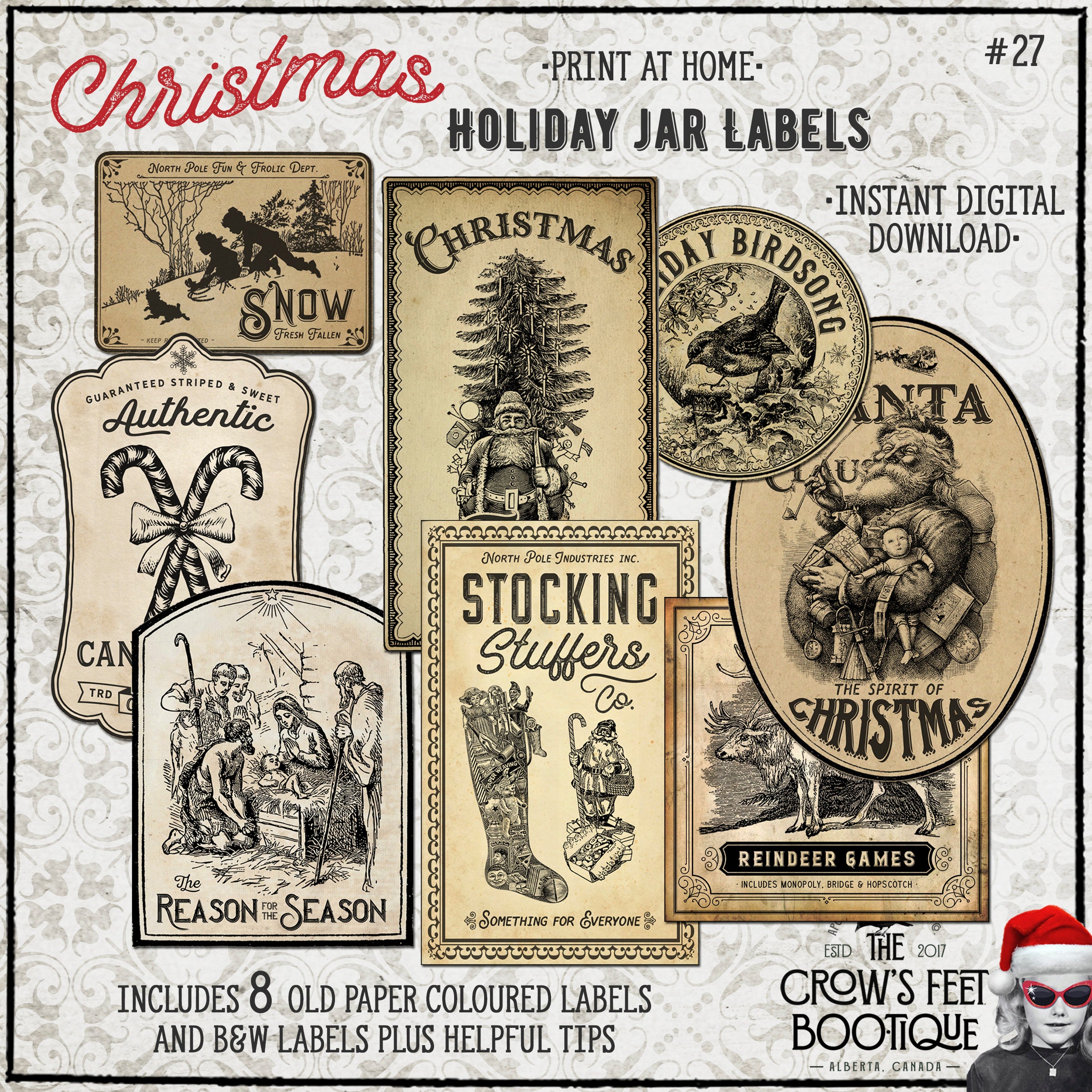 vintage look christmas jar labels #27, printable - etsy