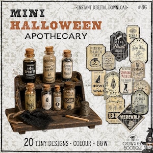May include: A digital download set titled Mini Halloween Apothecary #86 featuring 20 tiny designs. The image displays six glass bottles with cork stoppers on a wooden stand, alongside various vintage-style labels with spooky text and graphics.
