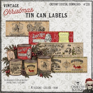 May include: A collection of vintage Christmas tin can labels featuring four distinct designs for Holiday Soup, Holiday Molasses, Plum Pudding, and Cranberries. The labels include decorative text, illustrations of Santa Claus, and festive imagery. The set is presented as an instant digital download with a display mockup showing the labels applied to cans.