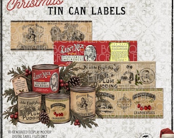 May include: A collection of vintage Christmas tin can labels featuring four distinct designs for Holiday Soup, Holiday Molasses, Plum Pudding, and Cranberries. The labels include decorative text, illustrations of Santa Claus, and festive imagery. The set is presented as an instant digital download with a display mockup showing the labels applied to cans.