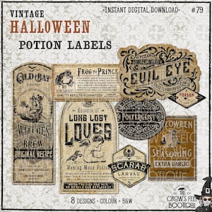 May include: A collection of eight vintage-style Halloween potion labels featuring aged beige paper textures and black typography. Designs include Old Bat Brand Witches Brew, Frog to Prince, Evil Eye, Long Lost Loves, Poltergeist, Scarab Larvae, and Loween Seasoning.