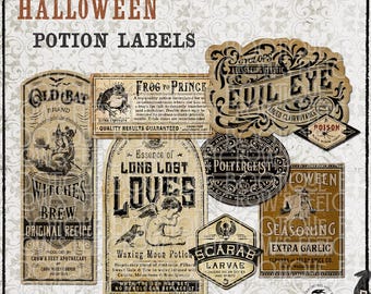 Può includere: Una collezione di otto etichette per pozioni di Halloween in stile vintage con texture di carta beige invecchiata e tipografia nera. I design includono Old Bat Brand Witches Brew, Frog to Prince, Evil Eye, Long Lost Loves, Poltergeist, Scarab Larvae e Loween Seasoning.