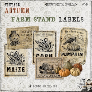 Könnte beinhalten: Ein digitales Download-Blatt mit vier Etiketten im Vintage-Stil für einen Bauernstand mit Text wie VINTAGE AUTUMN FARM STAND LABELS, SCARECROW OAT STRAW, HERITAGE GRAINS CORN, MAIZE und OLD CROW BRAND PUMPKIN sowie Abbildungen von Kürbissen.