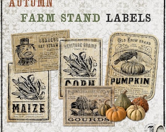 Może przedstawiać: Cyfrowy arkusz do pobrania zawierający cztery etykiety w stylu vintage na stoiska rolnicze z tekstem, w tym VINTAGE AUTUMN FARM STAND LABELS, SCARECROW OAT STRAW, HERITAGE GRAINS CORN, MAIZE oraz OLD CROW BRAND PUMPKIN, wraz z ilustracjami dyń.