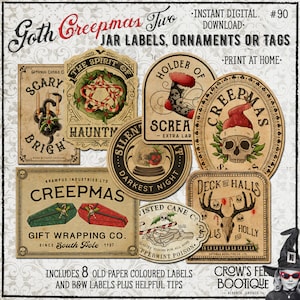 May include: Eight printable Christmas jar labels in a gothic style. The labels feature a skull, a snowman, a stocking, a candy cane, and other spooky Christmas imagery. The labels are designed to be printed at home and used for decorating jars, ornaments, or tags.
