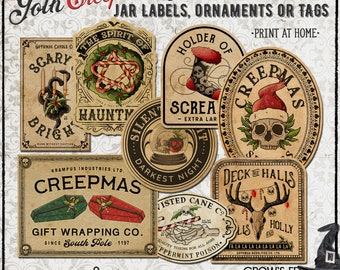 May include: Eight printable Christmas jar labels in a gothic style. The labels feature a skull, a snowman, a stocking, a candy cane, and other spooky Christmas imagery. The labels are designed to be printed at home and used for decorating jars, ornaments, or tags.