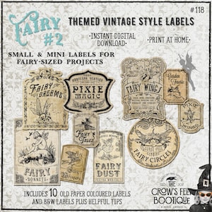 May include: A set of 10 printable vintage style labels featuring fairy and pixie themes. The labels are in black and white and feature illustrations of fairies, wings, and pixie dust. The labels are perfect for adding a touch of whimsy to your crafts and projects.
