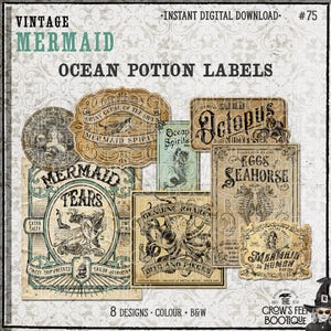 May include: A collection of eight vintage-style ocean potion labels featuring illustrations of mermaids, octopuses, seahorses, and krakens. The labels include text such as Mermaid Tears, Eggs of Seahorse, and Ocean Spirits, presented in a digital download format.