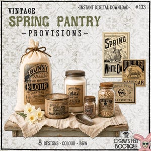 May include: A collection of vintage-style pantry labels and packaging designs featuring a flour sack, glass jars of sugar, coffee, baking powder, and beans, with decorative text including Bunny Mills Flour, Little Peeps Sugar, and Best Nest Coffee.