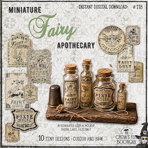 Op de afbeelding: Een digitale downloadset met tien labels in vintage-stijl voor een miniatuur feeënapotheek, inclusief teksten zoals Fairy Dreams, Fairy Wings, Fairy Dust en Pixie Magic, weergegeven naast vier glazen flesjes met kurken en een metalen vingerhoed.