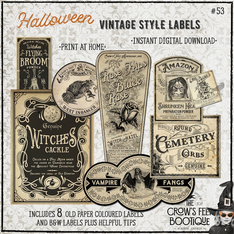 Vintage Look Potion Labels 53, Halloween Apothecary Labels for Jars, Printable image 1