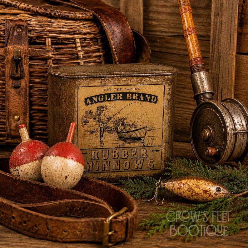 Op de afbeelding: Een vintage metalen blik met het label Angler Brand Rubber Minnows met een afbeelding van een persoon die vanuit een boot vist. Het blik is omringd door twee ronde rood-witte visdobbers, een hengel met een molen en een leren riem.