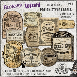 Vintage Look Potion Labels 54, Wizards Apothecary Labels for Jars, Printable image 1