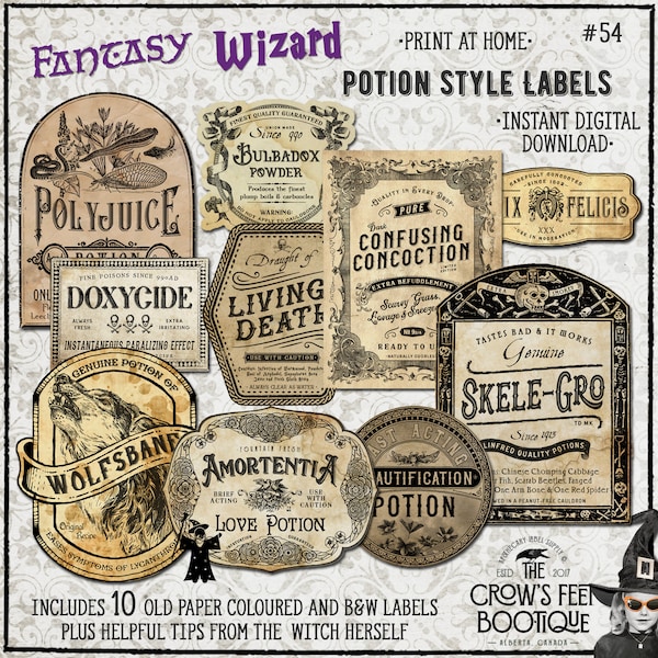 Vintage Look Potion Labels #54, Wizard’s Apothecary Labels for Jars, Printable